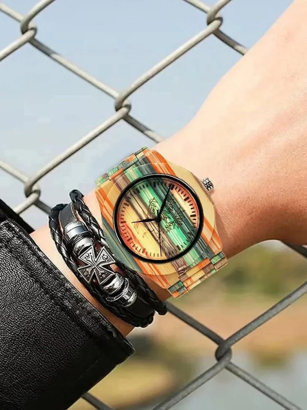 Men's Watch Colorful Multi Wooden Handmade Analog Dial Quartz Casual Wristwatch